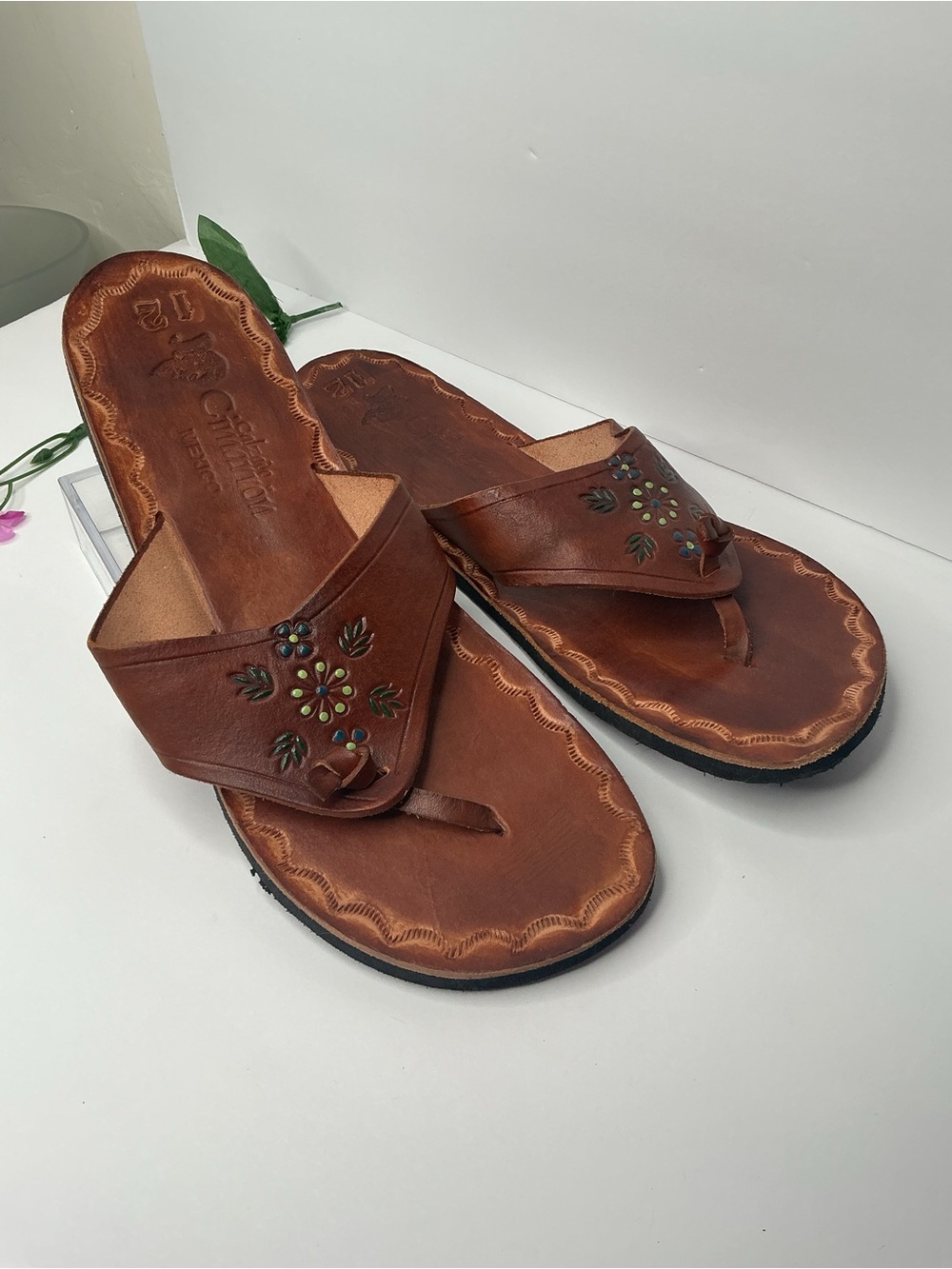 Mexican Huarache Brown Leather Floral Sandals for Women Size 12 Artsy Ligthweigt